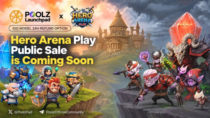 A promotional banner announcing 'Hero Arena Play Public Sale is Coming Soon' in collaboration with Poolz Launchpad, featuring fantasy game characters from the game Hero Arena.