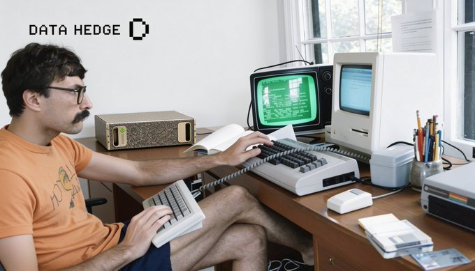 A man with glasses and mustache in an orange shirt working at a retro computer setup with vintage monitors, featuring 'DATA HEDGE' branding.