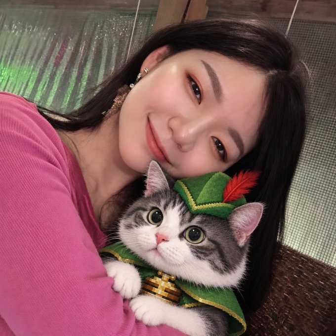 A selfie of a smiling woman with long dark hair wearing a pink top, posing with a gray and white cat dressed in a green Robin Hood-style outfit with a red feather hat.
