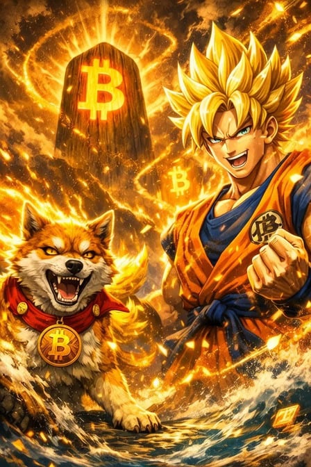 The image features a man dressed as Dragon Ball Z, with his dog standing next to him. The background of the image shows a large dragon flying through a fiery sky filled with flames. In the center of this scene, there's a large golden coin that appears to be related to Bitcoin or cryptocurrency.