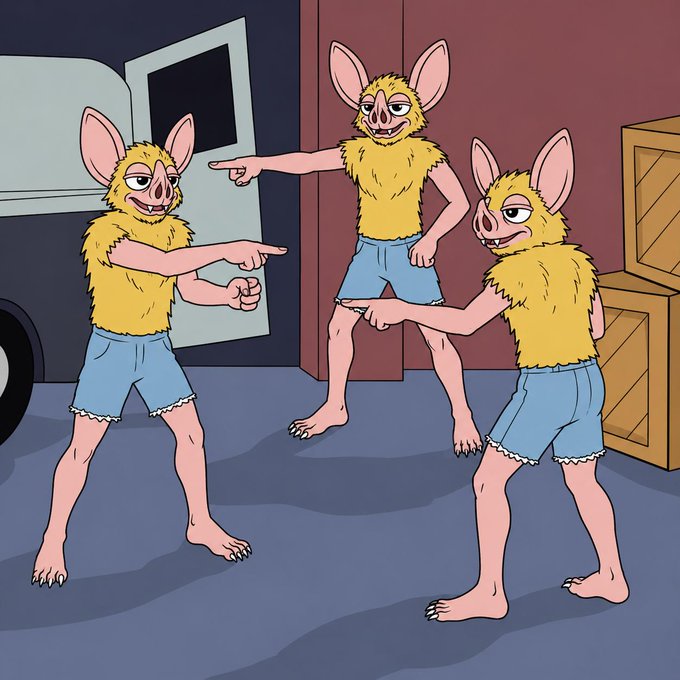 Three cartoon figures wearing furry yellow bat-like masks and blue shorts point at each other in a warehouse setting, humorously illustrating the "hoodrat recognizes hoodrat" meme by depicting characters identifying their own kind with mutual finger-pointing.