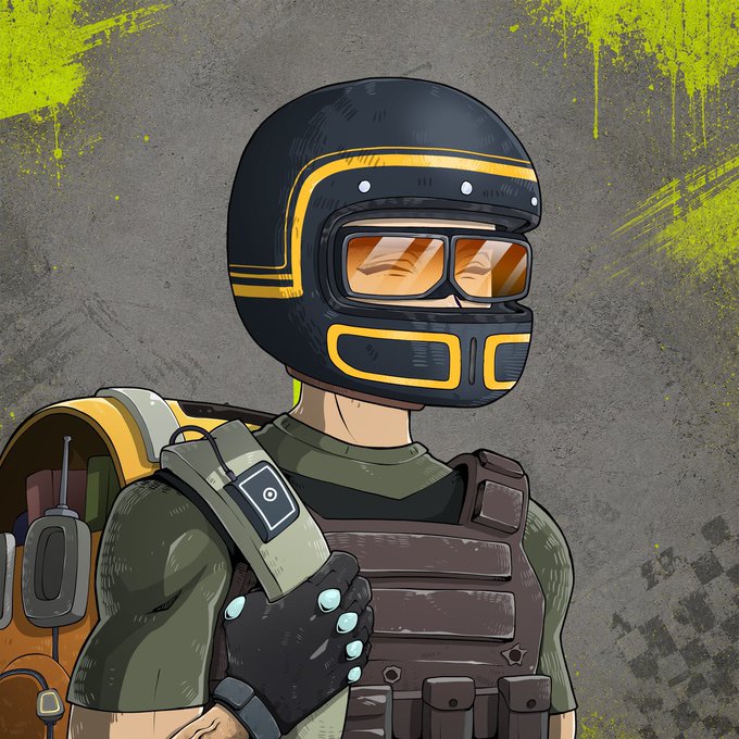 A digital illustration of a character wearing a black motorcycle-style helmet with yellow stripes, reflective goggles, tactical vest, and a backpack against a gray and yellow splattered background.