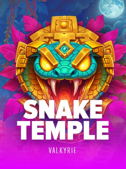 A promotional graphic for "Snake Temple" by Valkyrie, featuring a fierce golden and turquoise Aztec-style snake head emblem set against a vibrant pink jungle background with a full moon. The bold title "SNAKE TEMPLE" and developer name "VALKYRIE" are prominently displayed, advertising Valkyrie's latest game release alongside a social media giveaway contest.