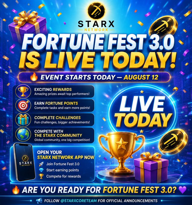 A flashy digital poster announcing the launch of "StarX Network's FORTUNE FEST 3.0" event starting August 12, featuring a gold trophy, purple gift boxes, and the StarX logo against a blue celebratory background with confetti, promoting rewards, Fortune Points, challenges, and community competition via the StarX app.