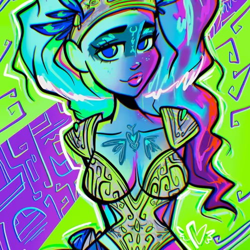A vibrant neon-colored digital illustration of a female character with blue skin and flowing hair, set against a bright green and purple background with abstract symbols and text