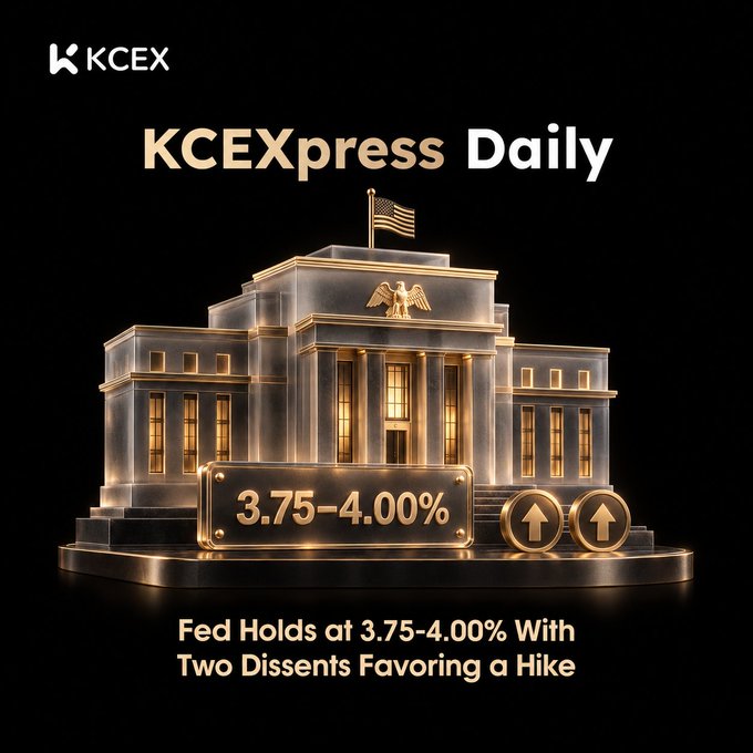 A KCEXpress Daily graphic depicts a gold-lit Federal Reserve-style building with the text “3.75–4.00%” and “Fed Holds at 3.75–4.00% With Two Dissents Favoring a Hike.”