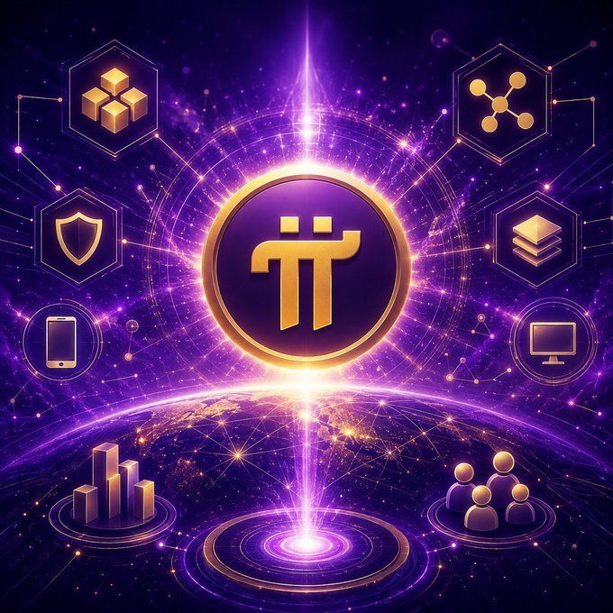 The image features a glowing golden Pi Network (π) symbol at its center, surrounded by hexagonal icons representing various IoT applications—data blocks, connectivity networks, security shields, smartphones, monitors, analytics charts, and user communities—all set against a cosmic purple backdrop. This visual perfectly complements the post's message by illustrating Pi's potential as the foundational network powering the Internet of Things, connecting devices, data, security, and users across a unified ecosystem.