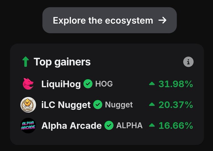 The image shows a computer screen displaying a list of logos for various companies, including "Liqui Hog", "HOG", "NUGGET", and "ALPHA Arcade". The text on the screen reads "Explore the ecosystem" with an arrow pointing towards it. The screen also displays some numbers indicating the popularity or value of these company logos.