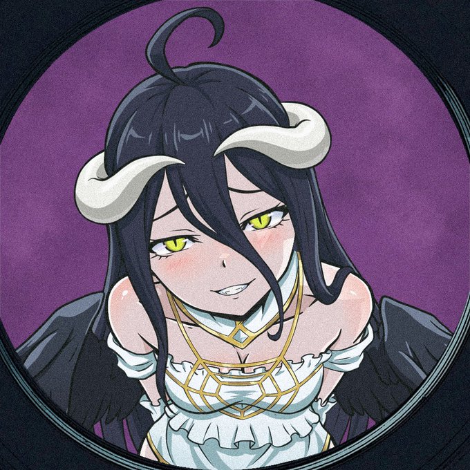 An anime-style illustration of a black-haired character with curved horns, green eyes, and a white outfit, looking through a circular frame against a purple background.