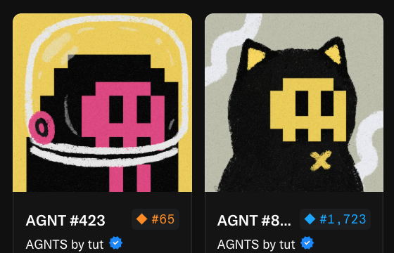 Two NFT profile pictures labeled 'AGNT #423' and 'AGNT #8...' from a collection called 'AGNTS by tut', featuring blocky character designs in pink and black, and black and yellow.