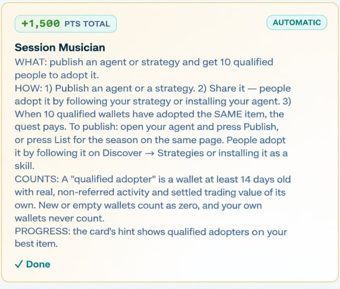 The image shows a completed "Session Musician" quest worth 1,500 PTS on AMA Protocol, requiring the user to create an agent or strategy that gets adopted by 10 qualified wallets. This aligns with the post's guide explaining how to deploy an agent on AMA Hub to earn the 1,500-point reward.