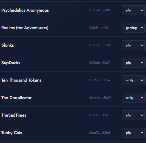 A dark-themed NFT listing page displays various collections including 'Psychedelics Anonymous', 'Realms (for Adventurers)', 'Slonks', 'SupDucks', 'Ten Thousand Tokens', 'The Dooplicator', 'TheSadTimes', and 'Tubby Cats' with their contract addresses and category tags.