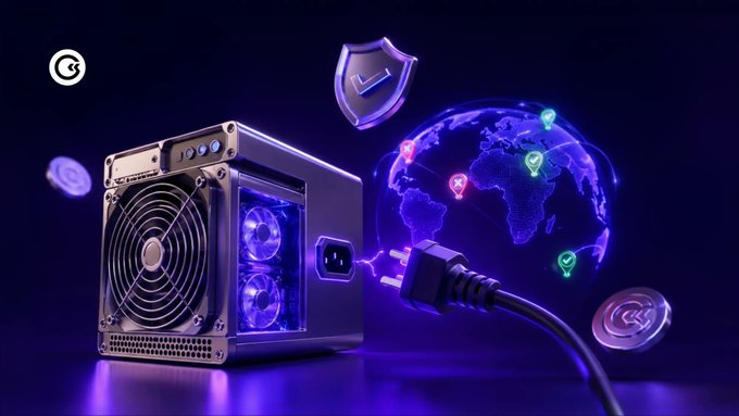 3D render of a power supply unit connected via a glowing purple plug to a digital earth globe with location pins, surrounded by security icons.