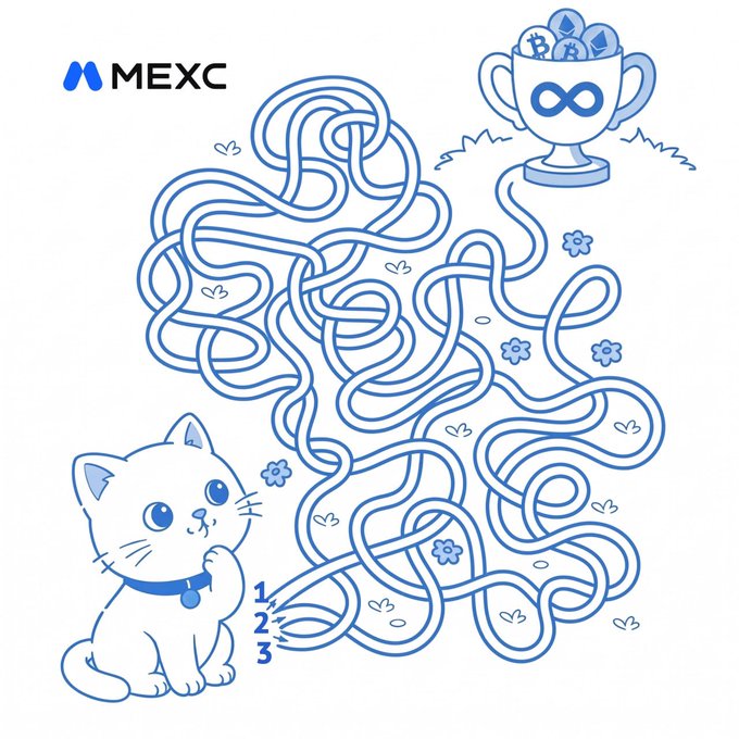 This image shows a maze with three labeled paths at the start and a trophy filled with cryptocurrency at the end, presented by MEXC. The maze illustration directly relates to the post's call to action to solve the puzzle and find the correct route.