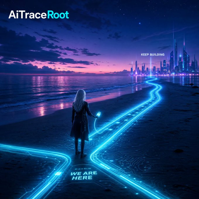 A glowing figure follows neon-blue paths along a beach toward a futuristic city at dusk, symbolizing renewal, discovery, and forward momentum. Visible text reads “AiTraceRoot,” “WE ARE HERE,” and “KEEP BUILDING,” reinforcing the post’s message to reset and continue building in AI, Crypto, and Web3.