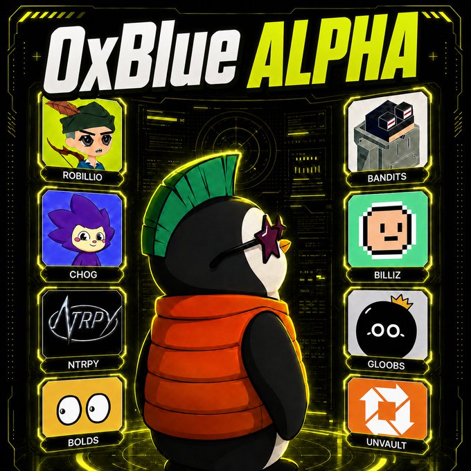 A promotional graphic for the "0xBLUE ALPHA" NFT collection featuring a central penguin character wearing star-shaped sunglasses and an orange puffer vest, surrounded by a tech-themed HUD interface displaying eight featured project icons with their names: ROBILLIO, BANDITS, CHOG, BILLIZ, NTRPY, GLOOBS, BOLDS, and UNVAULT, with supply and whitelist details listed below each.