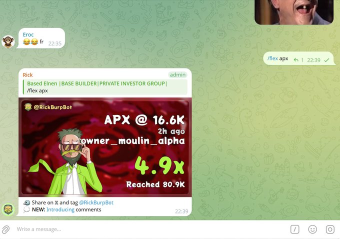 This Telegram message shows a successful trade of $APX on Rick's channel, achieving a 4.9x return. The image also includes the text "/flex apx" which relates to the post's mention of $APX.