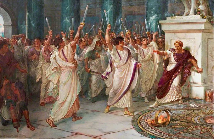 A classical painting depicting a chaotic scene of men in white togas raising daggers inside a grand Roman building, seemingly participating in an assassination, with 'W. ALLEN RIX' signed in the bottom left corner.