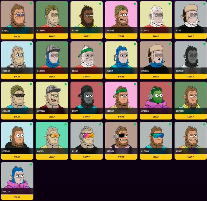 A grid of 25 cartoon-style "Sassy" NFT character portraits, each numbered (e.g., #4641, #10006, #22377) with a "SWAP" button beneath, visually representing the collection of characters at risk of being sent to a burn address as warned in the caption.