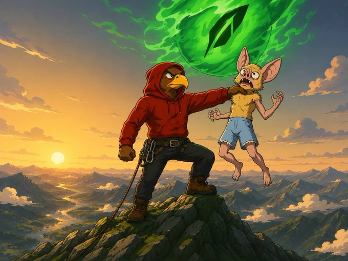 An animated bird character in a red hoodie triumphantly holds up a panicked rat-like creature by its face on a mountain peak, beneath a glowing green emblem in the sky—evoking the symbolic "$HOODBIRD" meme of predator dominance over small-cap "rats."