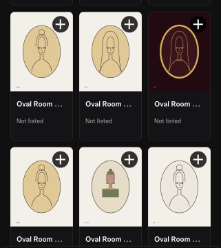 A grid of six digital avatar cards labeled 'Oval Room' shows various cartoon-style character illustrations, with one highlighted card showing a figure with long hair.