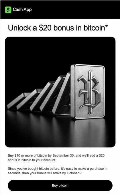 A Cash App promotional screenshot displays the text 'Unlock a $20 bonus in bitcoin*' alongside an image of silver bars stamped with a Bitcoin 'B' symbol.