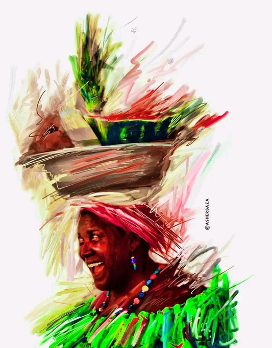 A vibrant digital painting or mixed-media artwork depicting a smiling woman wearing a red headwrap and a colorful beaded necklace, with a basket of produce balanced on her head, signed '@ASHERIMAZA' on the right side.