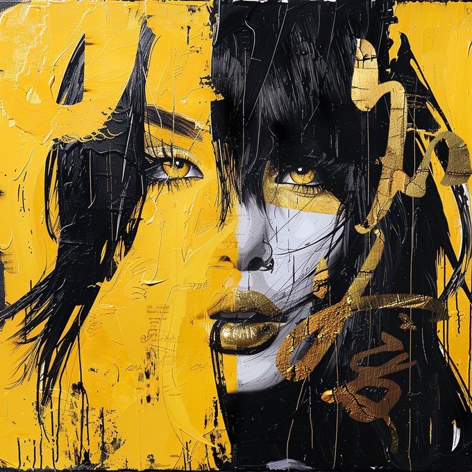 A stylized portrait painting of a woman with golden lips and piercing eyes, rendered in striking yellow, black, and white tones with drip and scratch textures. The artwork visually echoes the "$FAME" reference, presenting a bold, fame-worthy piece of wall art befitting the accompanying statement.