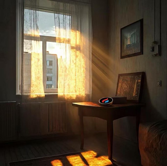 A warm, sunlit room with sheer curtains glowing as sunlight streams through the window onto a small wooden table holding a plate with an apple logo design, with framed artwork on the walls.