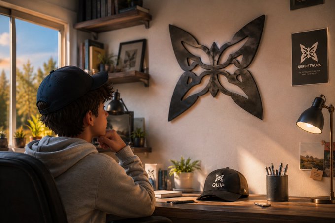 A young man in a cap sits thoughtfully at a desk, gazing at a large butterfly emblem on the wall, with a "QUIP NETWORK" poster and matching QUIP-branded cap nearby—visually reinforcing the post's theme of forward-looking anticipation for a quantum-driven future.