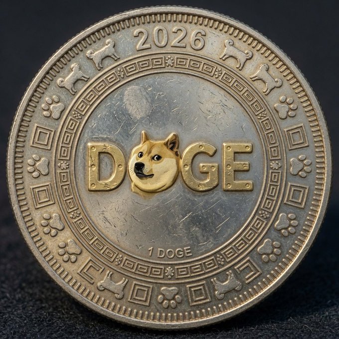 A commemorative silver and gold Dogecoin coin dated 2026, featuring the iconic Shiba Inu dog at the center of the "DOGE" lettering, surrounded by paw prints and bone motifs. The coin's design visually reinforces the post's assertion that Dogecoin ($DOGE) is money by presenting it as a tangible, minted form of currency.