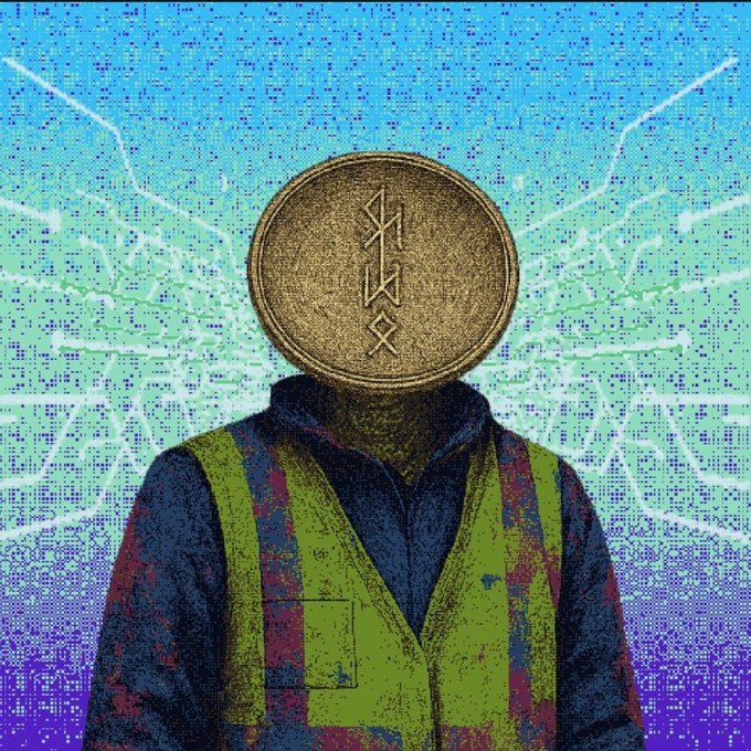 An illustration of a person wearing a high-visibility vest with a large gold coin featuring a runic symbol for a head, set against a vibrant blue circuit board background.