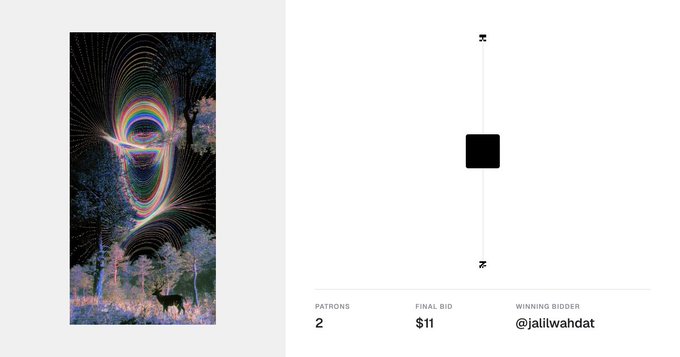 A digital art piece featuring a silhouetted deer beneath a vibrant, swirling rainbow portal in a dreamlike forest setting, displayed alongside auction details showing 2 patrons, a final bid of $11, and winning bidder @jalilwahdat, thanking both @jalilwahdat and @yougogirl_eth for their work on @networkeddotart in supporting the artist's pieces.