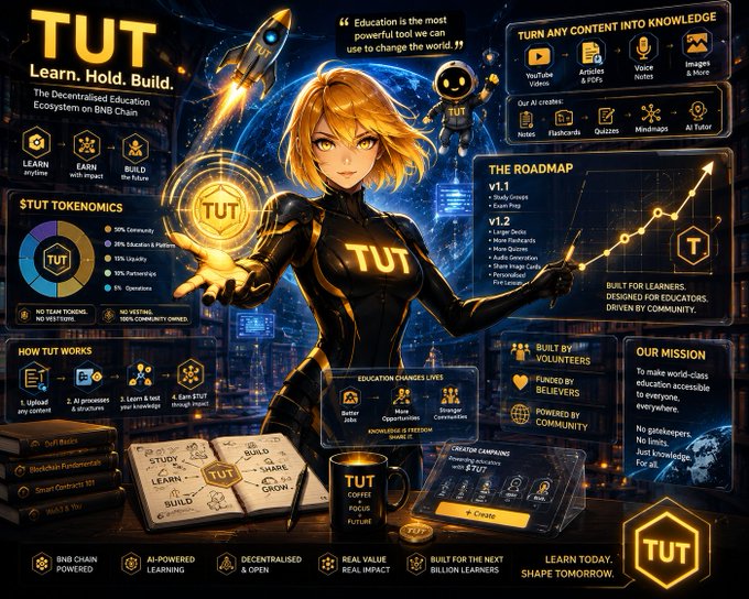 A promotional infographic for TUT, a decentralized education ecosystem on BNB Chain featuring 'Learn. Hold. Build.' with an anime-style mascot, tokenomics breakdown, roadmap versions v1.1 and v1.2, and mission statement.
