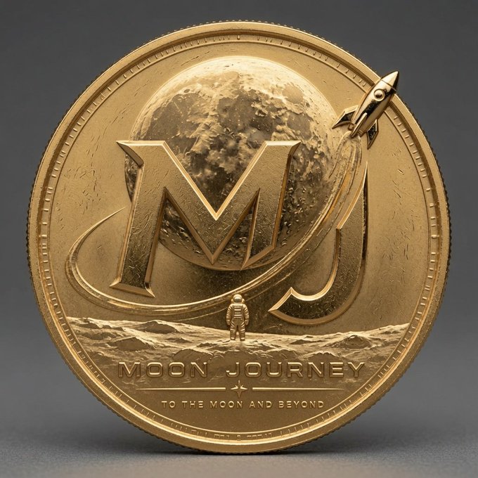 The image features a gold coin with the words "Moon Journey" written on it, along with an illustration of a man standing on the moon. The coin appears to be minted by the company "MJ", as indicated by the text "to the moon and beyond". The coin is described as being "gold" in color, which further emphasizes its value and significance.