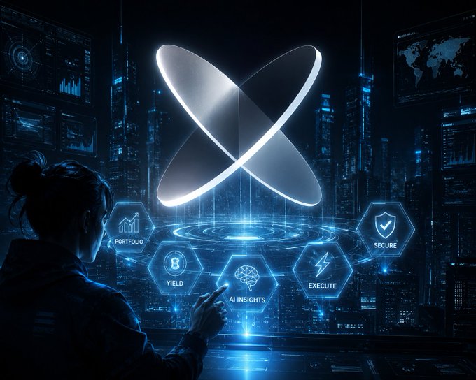 A futuristic, sci-fi style digital artwork showing a person interacting with a glowing holographic interface centered around an 'X' logo, surrounded by hex-shaped modules labeled 'PORTFOLIO,' 'YIELD,' 'AI INSIGHTS,' 'EXECUTE,' and 'SECURE.'