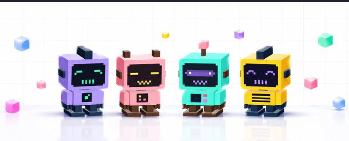 Four colorful pixel-art robot characters (purple, pink, teal, and yellow) stand together surrounded by floating 3D cubes.