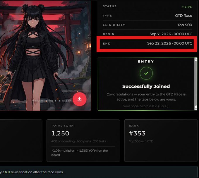A digital interface displays a character in black gothic attire alongside race details: "GTD Race," "Top 500," "BEGIN Sep 7, 2026," "END Sep 22, 2026," "Successfully Joined," "TOTAL YORAI 1,250," and "RANK #353."