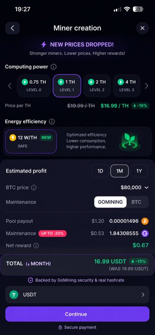 A mobile screenshot of a crypto mining app showing a 'Miner creation' page with new prices, options for computing power (TH levels) and energy efficiency, displaying an estimated total monthly profit of 16.99 USDT.