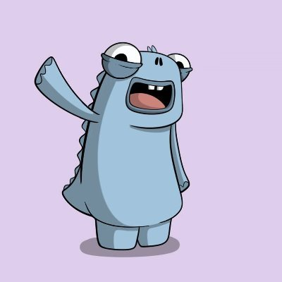 A simple digital drawing of a blue cartoon monster character with big eyes, sharp teeth, and a wide open mouth, standing on a light purple background with one arm raised in greeting.
