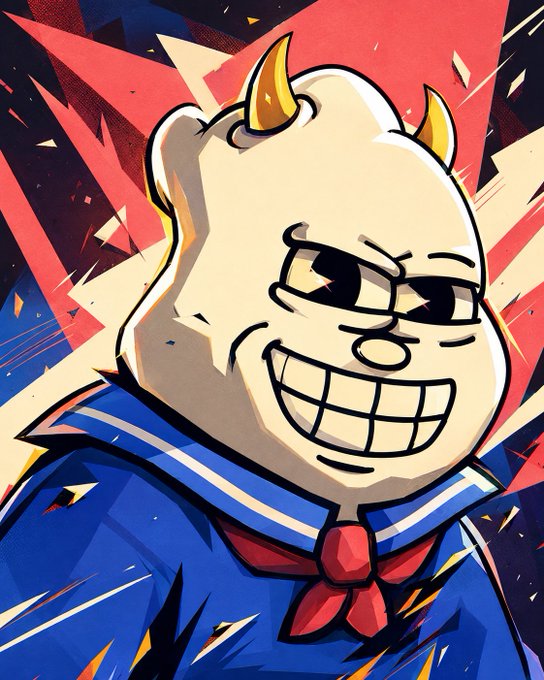 An anime/manga-style illustration of a white bear-like character with horns, wearing a sailor uniform with a red neckerchief, displaying a smug grin against a red starburst background.
