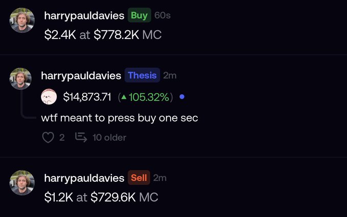 The image shows a Discord chat from user "harrypauldavies" who accidentally executed a $14,873.71 buy on the ticker THESIS (up 105.32%), exclaiming "wtf meant to press buy one sec," while also showing a $2.4K buy at $778.2K MC and a $1.2K sell at $729.6K MC nearby. The image relates to the accompanying post by illustrating a clumsy trading mishap on meme coins like $momo and $brew, where users often make impulsive or mistaken buys in volatile micro-cap markets.