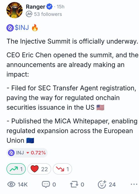 Social media post by 'Ranger' about the Injective Summit, noting CEO Eric Chen's announcements on SEC Transfer Agent filing for $INJ and the MiCA Whitepaper for EU expansion.