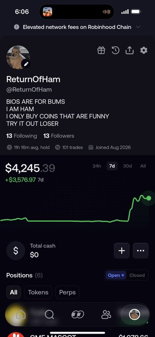 A Robinhood social profile for user @ReturnOfHam with bio reading 'BIOS ARE FOR BUMS / I AM HAM / I ONLY BUY COINS THAT ARE FUNNY / TRY IT OUT LOSER' showing portfolio value of $4,245.39 (+$3,576.97).