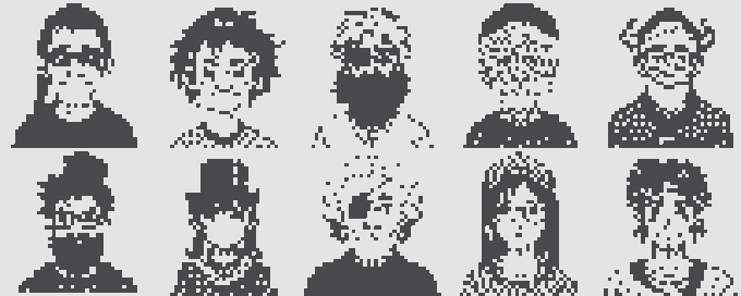 A pixel art grid showing 10 different character portraits arranged in two rows of five, rendered in black and white.
