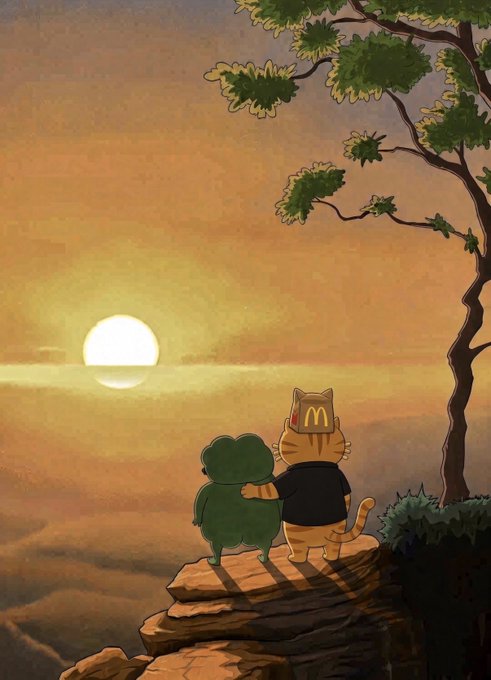 A whimsical illustration of a cat wearing a McDonald's-branded bucket on its head, sitting beside a green frog on a rocky cliff, both gazing at a sunset over the horizon.