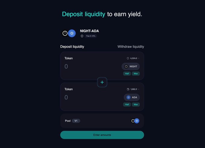 A cryptocurrency DeFi interface titled 'Deposit liquidity to earn yield' for the 'NIGHT-ADA' pool, showing token fields for NIGHT and ADA.