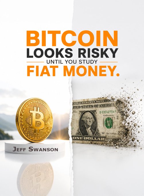 The image is a promotional graphic featuring a golden Bitcoin coin on a podium inscribed with "Jeff Swanson" on the left side, contrasted with a one-dollar bill disintegrating into dust on the right side, separated by a torn paper effect. Bold text reads "BITCOIN LOOKS RISKY UNTIL YOU STUDY FIAT MONEY," directly reinforcing the quote attributed to Jeff Swanson by visually juxtaposing Bitcoin's stability against the perceived fragility of traditional currency.