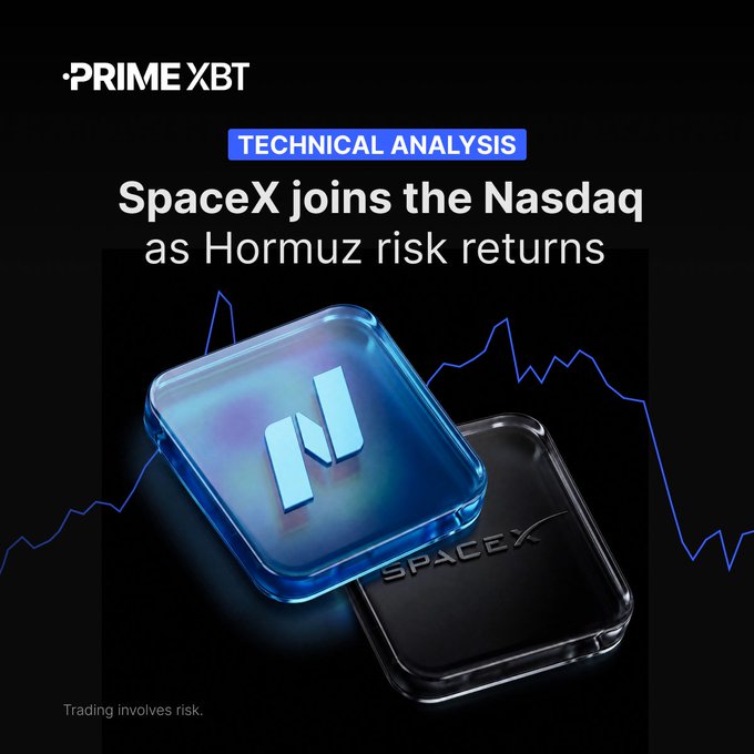 A promotional graphic from PrimeXBT featuring the headline "TECHNICAL ANALYSIS: SpaceX joins the Nasdaq as Hormuz risk returns," displayed over a dark background with a blue 3D Nasdaq tile and a black SpaceX tile in the foreground. The image visually reinforces the post's theme of Nasdaq momentum intersecting with geopolitical risk, tying the SpaceX listing news to broader market volatility.