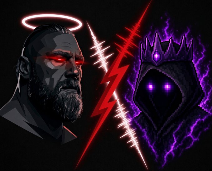 A digital illustration with two contrasting characters on a black background - a bearded man with red eyes and a halo on the left, and a hooded figure with a purple crown and glowing eyes surrounded by purple lightning on the right, separated by a red lightning bolt.
